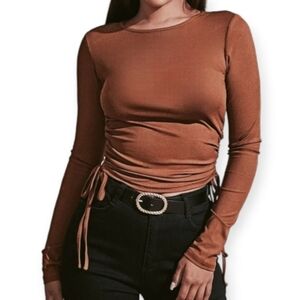Heart Hips Brown Ruched Long Sleeve Crop Top Size Small
